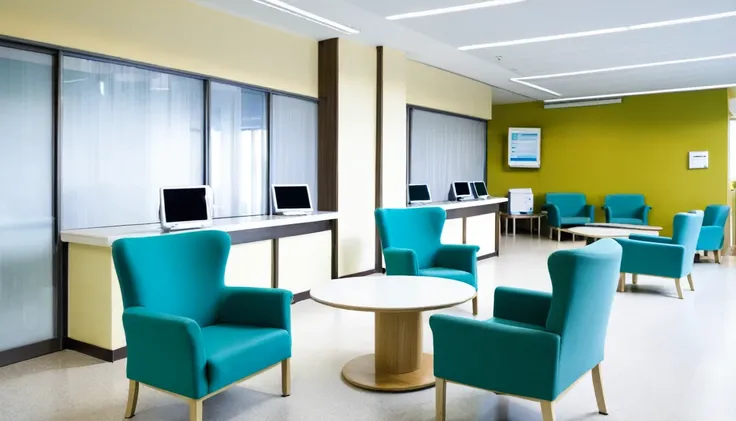 hospital reception, no people, computer at reception, chairs for patients to sit