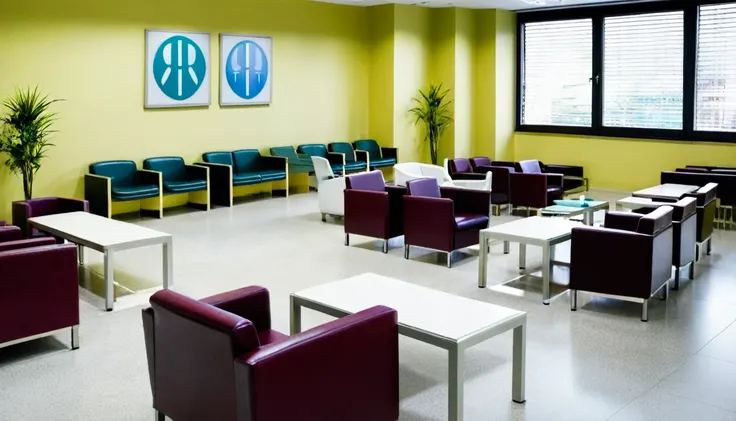 hospital reception, no people, computer at reception, chairs for patients to sit