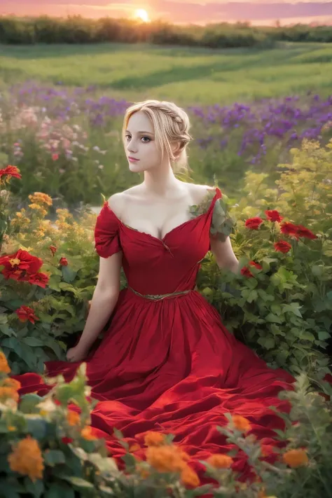 renaissance painting of 1 woman in a field of green plants and flowers, red dress, sunset, warm lighting