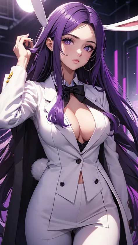 Woman;
cientist;
white labcoat;
black blouse;
Mid breasts;
purple eyes;
cabelo roxo;
(((Grandes orelhas de rabbit roxo;)))