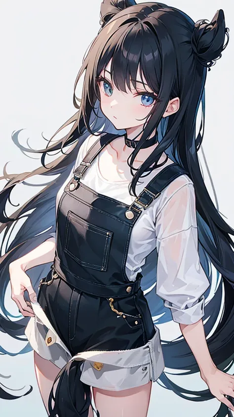 Girl with long black hair wearing overalls