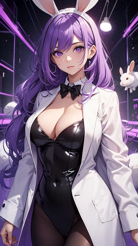 Woman;
cientist;
white labcoat;
black blouse;
Mid breasts;
purple eyes;
cabelo roxo;
(((Grandes orelhas de rabbit roxo;)))