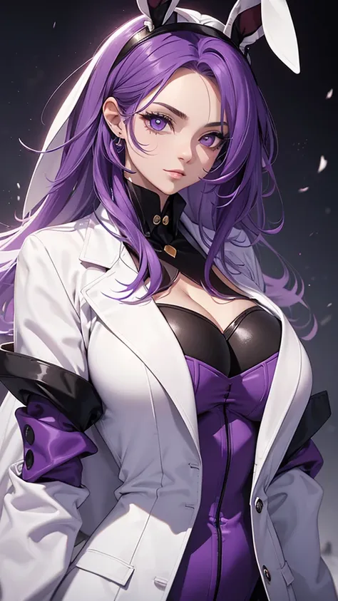 Woman;
cientist;
white labcoat;
black blouse;
Mid breasts;
purple eyes;
cabelo roxo;
(((Grandes orelhas de rabbit roxo;)))