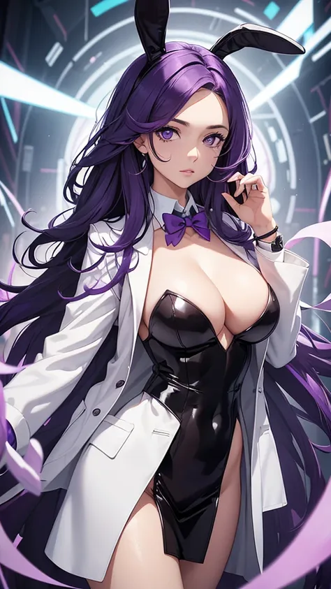 Woman;
cientist;
white labcoat;
black blouse;
Mid breasts;
purple eyes;
cabelo roxo;
(((Grandes orelhas de rabbit roxo;)))