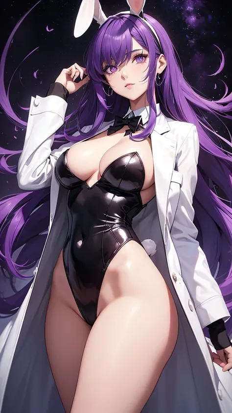 Woman;
cientist;
white labcoat;
black blouse;
Mid breasts;
purple eyes;
cabelo roxo;
(((Grandes orelhas de rabbit roxo;)))