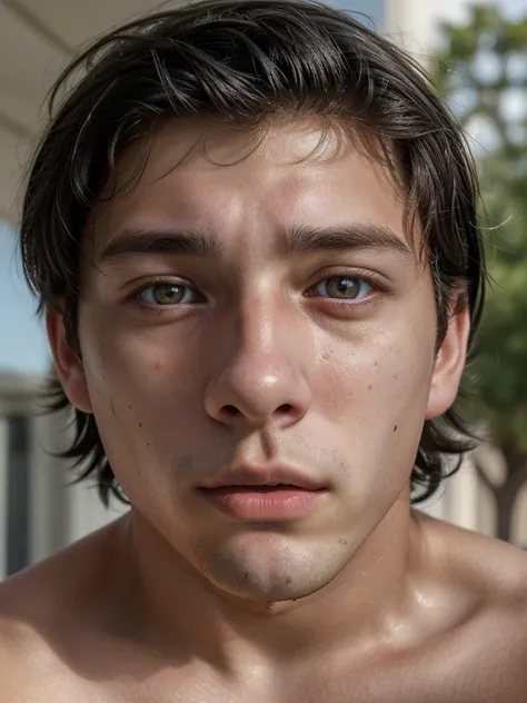 captivating 18-year-old boy with striking features, his eyes reflecting both innocence and wisdom, black hair and most realistic possible (taking a selfie)