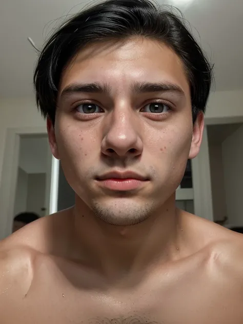 captivating 18-year-old boy with striking features, his eyes reflecting both innocence and wisdom, black hair and most realistic possible (taking a selfie)