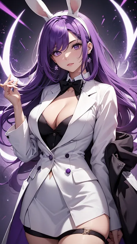 Woman;
cientist;
white labcoat;
black blouse;
Mid breasts;
purple eyes;
cabelo roxo;
(((Grandes orelhas de rabbit roxo;)))
Orelhas na cor roxa