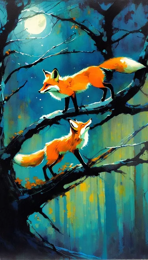 two foxes play on the branches of a tree at night, gloomy forest (art inspired by Bill Sienkiewicz). oil painting)