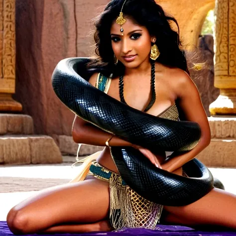 Happy Horny, aroused 1girl), beautiful kneeling Indian young teen belly dancer  with  giant colossal black titanboa squeezing her hard, wrapped in thick spiraling coils, constricted, struggle, gasping for air, snake attack, snake peril, moonless night, dim...