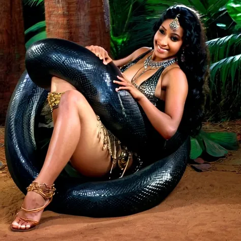 Happy Horny, aroused 1girl), beautiful kneeling Indian young teen belly dancer  with  giant colossal black titanboa squeezing her hard, wrapped in thick spiraling coils, constricted, struggle, gasping for air, snake attack, snake peril, moonless night, dim...