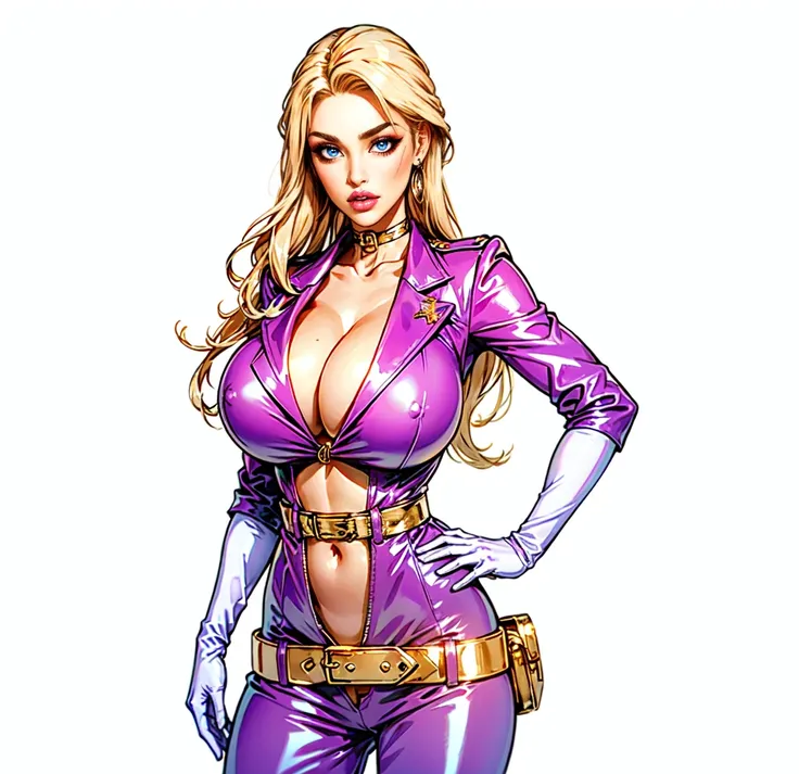 white Blonde long hair, Blue eyes,purple lips, Pink Latex  Blazer Unfiorm, Pink Shoulder poul,bif breast,m Clevage, Godl Belt, White Gloves, gold Chocker, Gold loop Earrings, standing