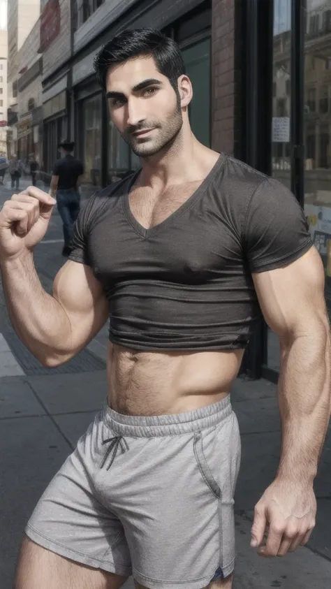 tyler hoechlin, short beard, short pompadour, blue v-neck t-shirt, grey shorts, cowboy shot, city streets 