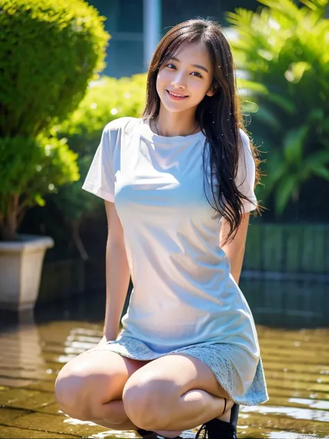 nfsw,(RAW Photography:1.2)、top-quality、a beautiful detailed girl、squatting、extremely detailed eye and face、beatiful detailed eyes、huge filesize、hight resolution、8k wallpaper、finely detail、Raw photography,, Drenched T-shirt and mini skirt in heavy rain, The...