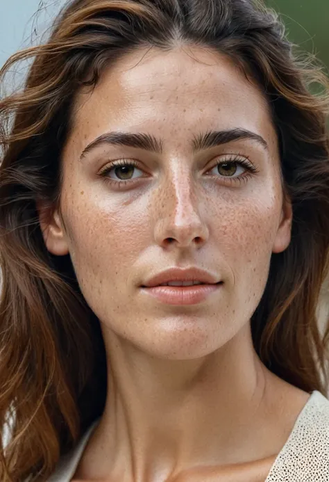 Portrait of Roberta Gemma, italian woman, 30 years old, face highly detailed, natural skin with light freckles, light make-up, hair pulled back . 