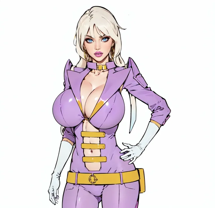 white Blonde curly  long hair, Blue eyes,purple lips, Pink Latex  Blazer Unfiorm, Pink Shoulder poul,bif breast,m Clevage, Godl Belt, White Gloves, gold Chocker, Gold loop Earrings, standing