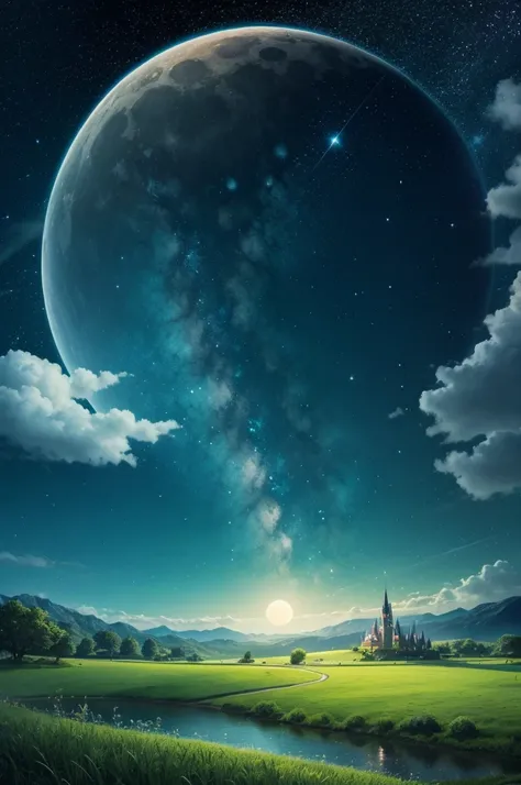 Beautiful landscape with green field and starry sky and Disney movie style giant moon 