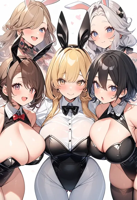 Bust Chart、Inner thighs、3 Multiple Girls、blonde、Black Hair、Brown Hair、Bunny girl、White rabbit ears、Wrist cuff、Black leotard、Huge breasts:1.5、Saggy breasts:1.5、Long chest:1.3、Saggy breasts:1.5、Everyone please line up facing forward、(Mature Woman、Mature Woma...