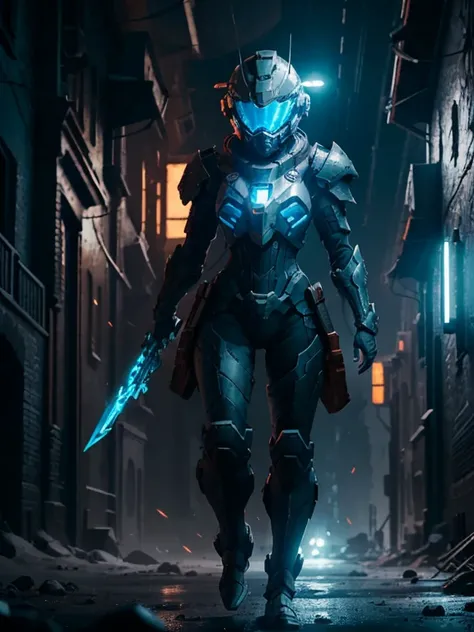 session, elysiumchar,   female soldier, large transparent helmet,  serious look, glowing armor, wearing Parrley_armor, big bulky futuristic armor,    missiles, lasers, 
(battle stance, action pose, run, whole body), epic city ruin scene, Explosions, Get ri...