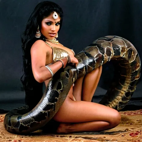 Topless  thong Happy Horny, aroused 1girl), beautiful kneeling Indian young teen belly dancer  with  giant colossal black titanboa squeezing her hard, wrapped in thick spiraling coils, constricted, struggle, gasping for air, snake attack, snake peril, moon...