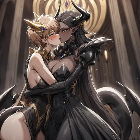 ((Highest quality)), ((masterpiece)), (detailed), （Perfect Face）、The woman is a dark-skinned devil、The woman is a jet-black female demon with magnificent demon horns and a jet-black tail, her skin is the same black as the Demon King, she is wearing a provo...