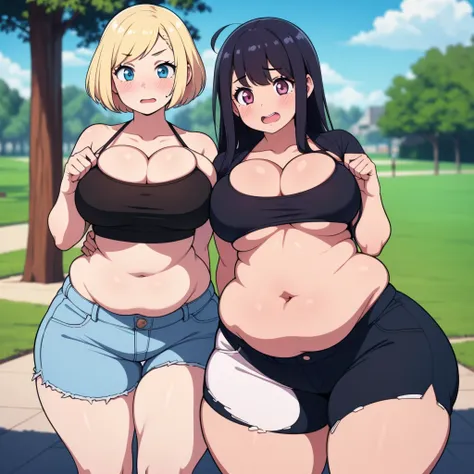 ((highres)), Masterpiece, high quality, best quality, beautiful, perfect lighting, detailed face, ultra cute face, ((2girls)), ((blush)), embarrassed, looking at viewer, standing in a park, (park), daytime, crop top, shorts, (((thick thighs))), ((wide hips...