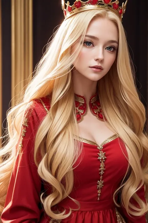 A 30 year old woman with a small crown dressed in red very beautiful with long blonde hair 