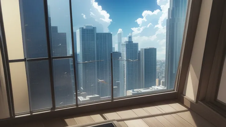 Room on the building, 1 window with broken glass, see the sky, Anime