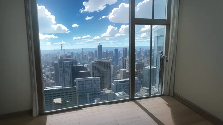 Room on the building, 1 window with broken glass, see the sky, Anime