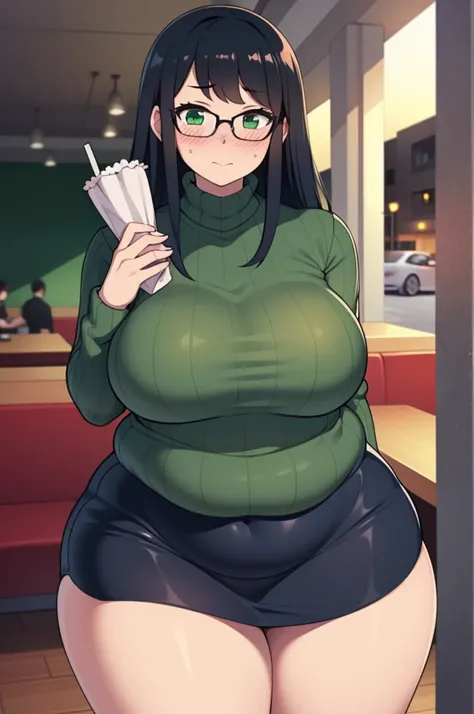 ((Masterpiece)), perfect anatomy, perfect shading, field of depth, (best quality), extremely delicate and beautiful, perfect lighting, detailed face, ultra cute face, cute, ((1girl)), ((solo))

long fluffy black hair, glasses, green eyes, ((blush)), nervou...