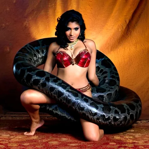 Topless  thong Happy Horny, aroused 1girl), beautiful kneeling Indian young teen belly dancer  with  giant colossal black titanboa squeezing her hard, wrapped in thick spiraling coils, constricted, struggle, gasping for air, snake attack, snake peril, moon...