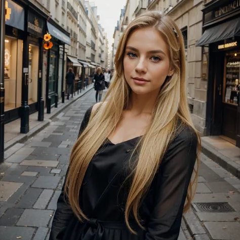 gorgeous blonde, very chic and elegant, with a very pronounced neckline, long hair, in the streets of Paris, very realistic decor, 4k, very detailed.