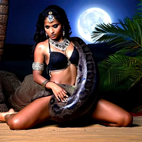 Topless  thong Happy Horny, aroused 1girl), beautiful kneeling Indian young teen belly dancer  with  giant colossal black titanboa squeezing her hard, wrapped in thick spiraling coils, constricted, struggle, gasping for air, snake attack, snake peril, moon...