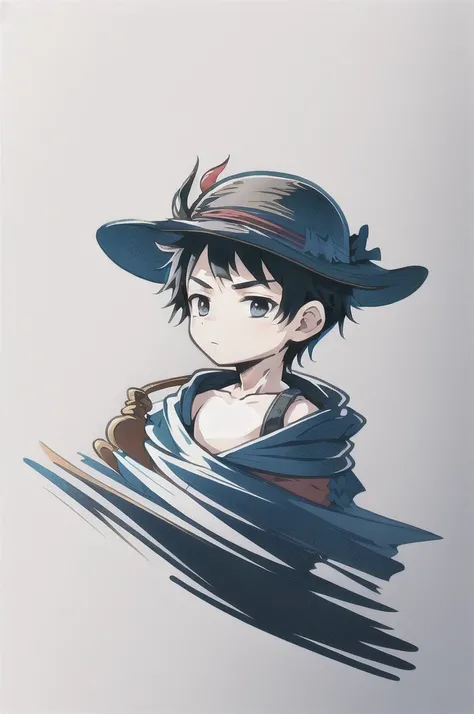 (​masterpiece, best quality), Intricate detailing, 8K, artstation, backdrop, offcial art, keen focus, 1 boy, One Piece, chibi, Straw Hat Logo, White background, simple sea background, black hair, pirate flag in the background, only up to the upper body