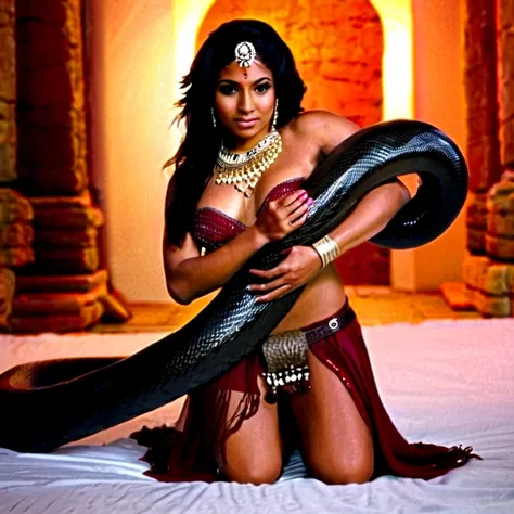 Topless  thong Happy Horny, aroused 1girl), beautiful kneeling Indian young teen belly dancer  with  giant colossal black titanboa squeezing her hard, wrapped in thick spiraling coils, constricted, struggle, gasping for air, snake attack, snake peril, moon...