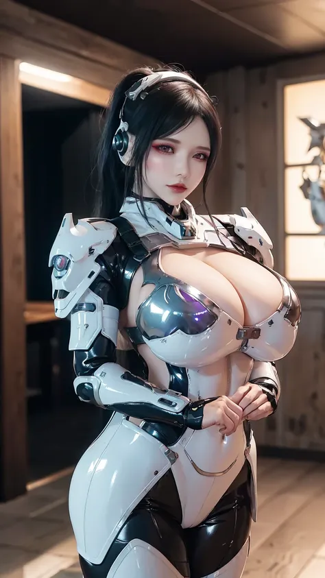 NSFW, CLOSE UP UPPER BODY,SOLO, ((COWBOY SHOT:1.5)), ((DRAGON MECHA HORN)), (GIGANTIC IMPLANTS BREASTS,CLEAVAGE TOP,11 LINE ABS:1.5), ((WEARING OUTFIT METAL SILVER, WHITE, LATEX BLACK FROM OVERWATCH, IN FUTURISTIC ARMOR, GIRL IN MECHA CYBER ARMOR:1.5)), (M...