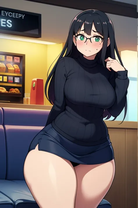 ((Masterpiece)), perfect anatomy, perfect shading, field of depth, (best quality), extremely delicate and beautiful, perfect lighting, detailed face, ultra cute face, cute, ((1girl)), ((solo))

long fluffy black hair, glasses, green eyes, ((blush)), nervou...