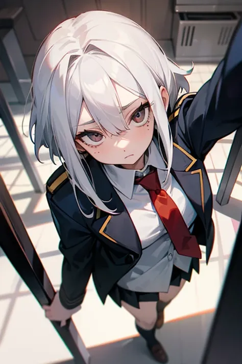 Boku no hero academia style.  beautiful 16 year old girl, pale skin and a mole under each eye and another under the mouth.  White hair with black highlights, up to the shoulder.  slanted eyes, navy blue.  expression, ceño fruncido looking to the camera.  U...