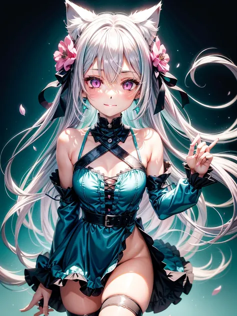 Silver hair, pink eyes, body, cat ears, adult girl, earrings, flower  background, teal blue clothes, hair bows, happy face, thigh up