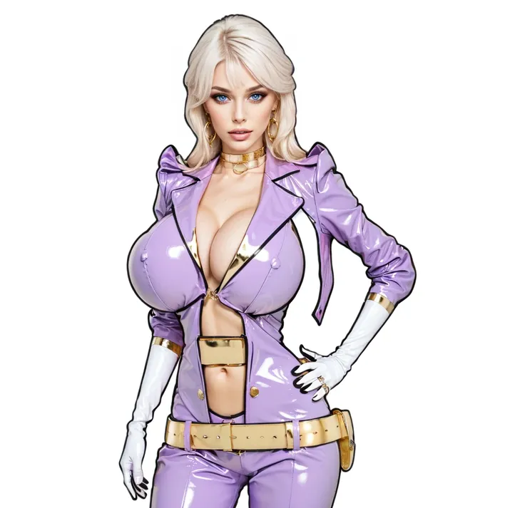 schwitzerland women,white Blonde curly  long hair, Blue eyes,purple lips, Pink Latex  Blazer Unfiorm, Pink Shoulder poul,bif breast,m Clevage, Godl Belt, White Gloves, gold Chocker, Gold loop Earrings, standing