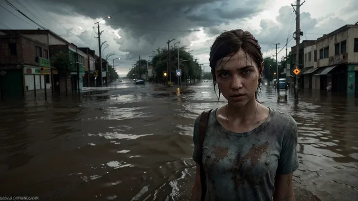 (Ellie the last of us 2), a half-length masterpiece, an 18 year old dark brown American girl with freckles running in the water, nervosa, Grieving, rosto com espressao Grieving, Grieving, Grievingsa, blue colored eyes, slim and slim body, very tiny breasts...