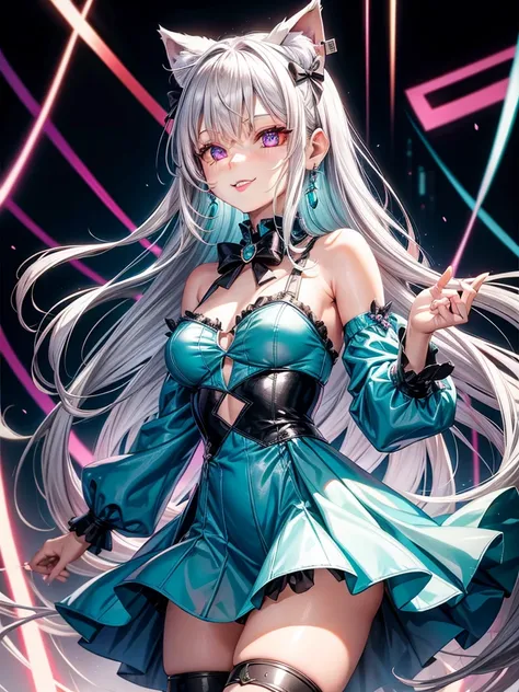 Silver hair, pink eyes, cat ears, adult girl, earrings, fantasy background, teal blue clothes, hair bows, happy face, thigh up