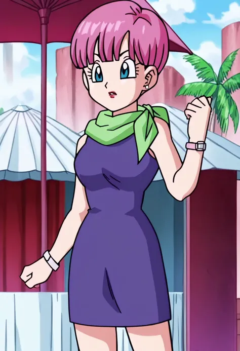 source_anime, score_9, score_8_up, score_7_up, anime screencap,8k, absurd res, 
bulma, 1girl, solo, looking at viewer, short hair, ((((bowl cut)))), blue eyes, jewelry, blue hair, earrings, outdoors, sky, sleeveless, day, cloud, scarf, :o, bracelet, tree, ...