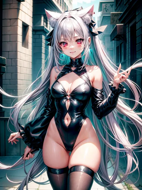 Silver hair, pink eyes, body, cat ears, woman, earrings, fantasy background, teal blue clothes, hair bows, happy face, thigh up