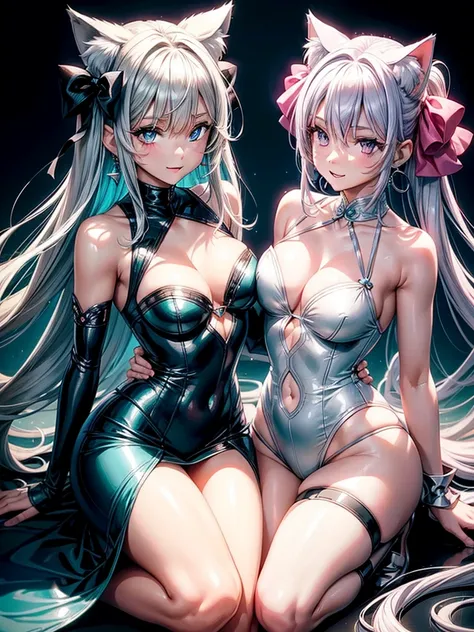 Silver hair, pink eyes, body, cat ears, woman, earrings, fantasy background, teal blue clothes, hair bows, happy face, thigh up