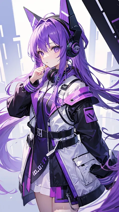 Girl with long purple hair wearing headset