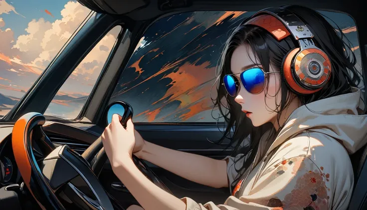 ((8k of extremely detailed CG unit, Masterpiece, high resolution, highest quality, highest quality real texture skin)), (wearing Japanese pattern headphones), ((1 girl)), (((side view))), (((Holding the steering wheel of a car and driving))), (((sunglasses...