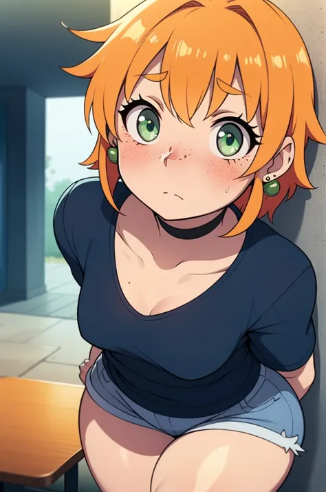 ((Masterpiece)), perfect anatomy, perfect shading, field of depth, (best quality), extremely delicate and beautiful, perfect lighting, detailed face, ultra cute face, cute, ((1girl)), ((solo))

short fluffy orange hair, freckles, green eyes, ((blush)), ner...