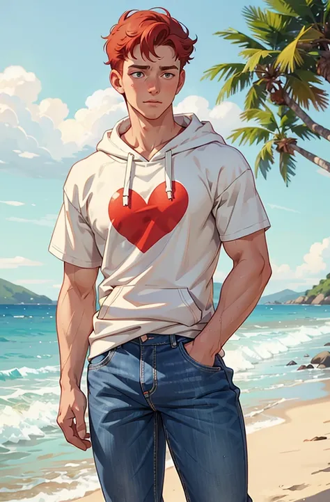 Create a retro illustration heartwarming scene from Heartstopper featuring Nick Nelson and Charlie Spring at the beach.Both are white. Nick Nelson is a tall, athletic teenager with short, wavy blond/red hair and a kind expression. He often wears casual clo...