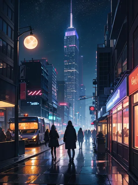 city night, view of the moon, neon lights, bustling streets, skyscraper, heavy traffic, reflection on wet pavement, vibrant nightlife, people walking, moonlight casting shadows, late night cafes, bright windows, urban landscape, midnight serenity, urban la...